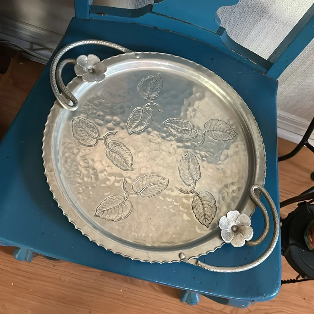 Vintage WROUGHT FABERWARE Handled Aluminum Tray With Flower & Leaf Design